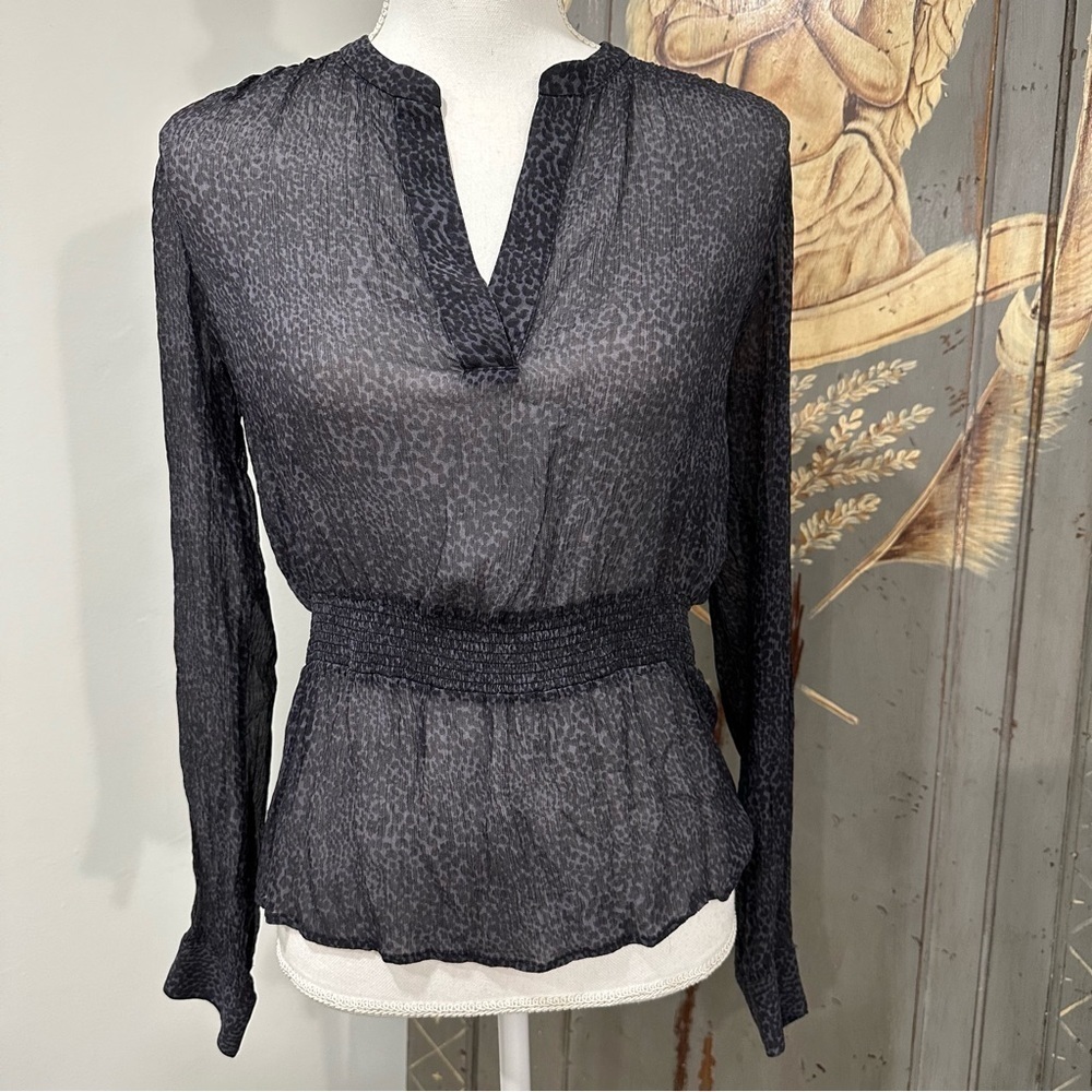 Theory Leopard Print Sheer Long Sleeve Silk Blouse Black and Gray Size Small